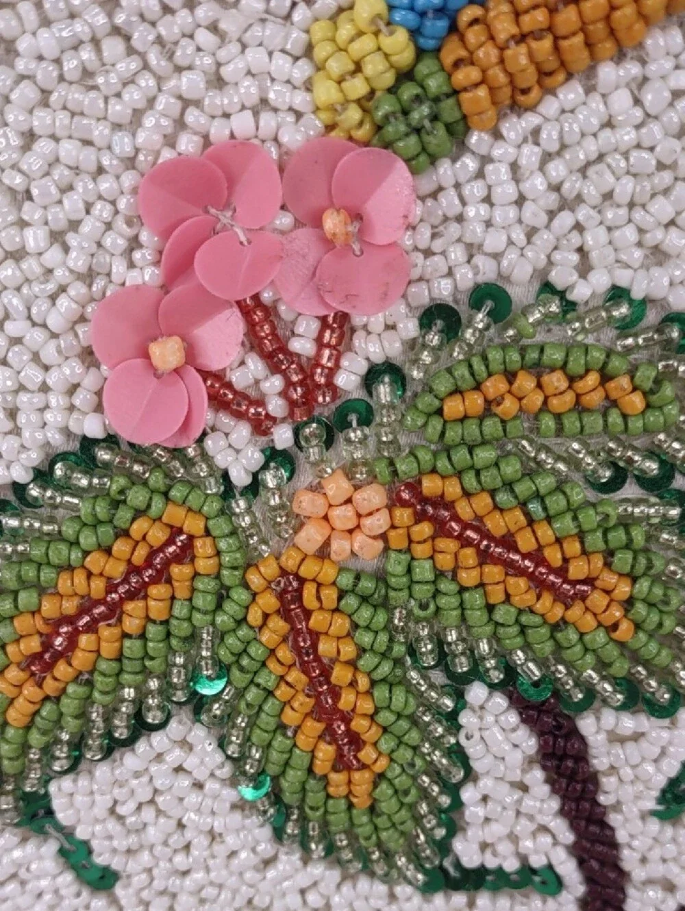 White Beaded Toucan Embellished Top-Handle Bag